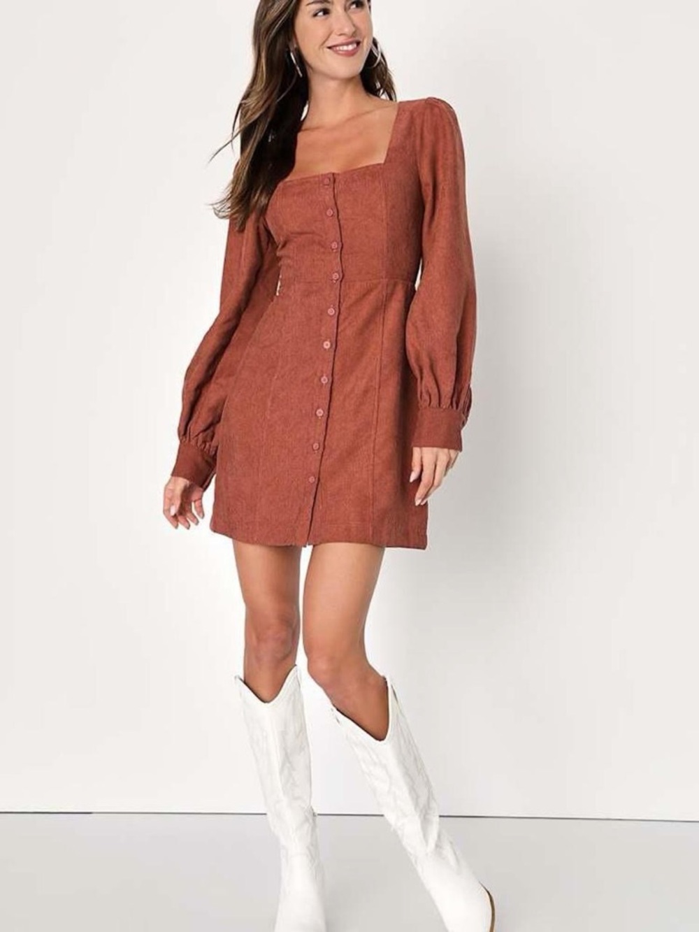 Lulus Brick Orange Corduroy Button-Front Mini Dress - Picture 8 of 8